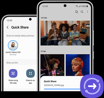 Öndən görünən iki Galaxy smartfonu.  Birində ekranda Tez Paylaşma paneli var.  Bu…