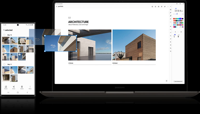 The Gallery app is open on a Galaxy S23 Ultra. Next to it, an architecture presentation is open …
