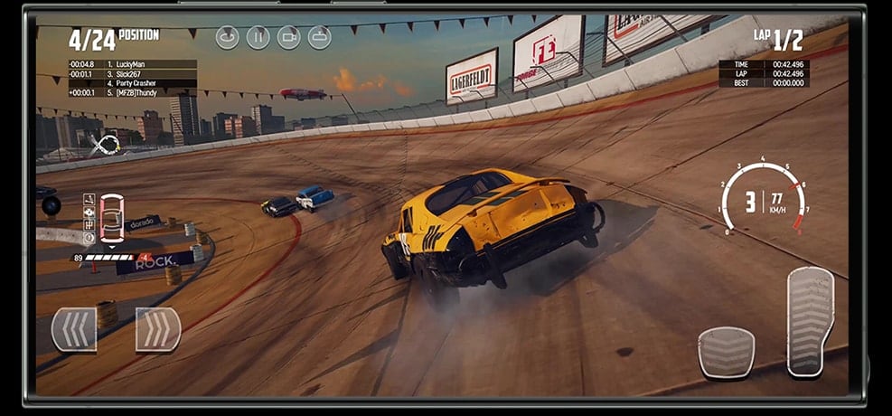 A gameplay snapshot of a racing video game. The details of the track are clear and the content is …