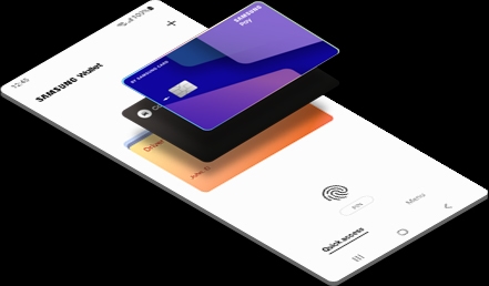 An illustrated device screen displays the Samsung Wallet payment screen. Three payment cards …