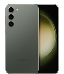 Two Galaxy S23+ phones in Green, one seen from the front and one seen from the rear.