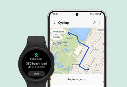 A Galaxy Watch5 Pro in Black Titanium shows the start screen of a route target. Information …