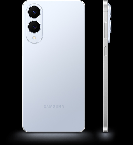 Two Galaxy S25 Edge phones in Titanium Icyblue, one seen from the rear and the other seen from the power button side.