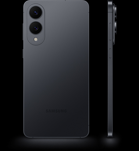 Two Galaxy S25 Edge phones in Titanium Jetblack, one seen from the rear and the other seen from the power button side.