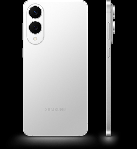 Two Galaxy S25 Edge phones in Titanium Silver, one seen from the rear and the other seen from the power button side.