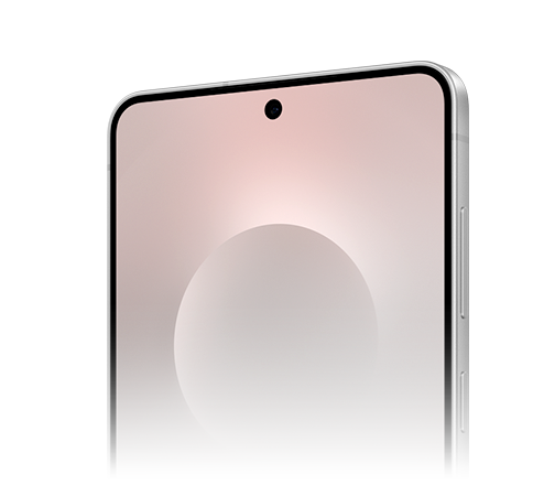 A closeup of Galaxy S25 Edge in Titanium Silver, seen diagonally from the front to show the slim titanium frame.