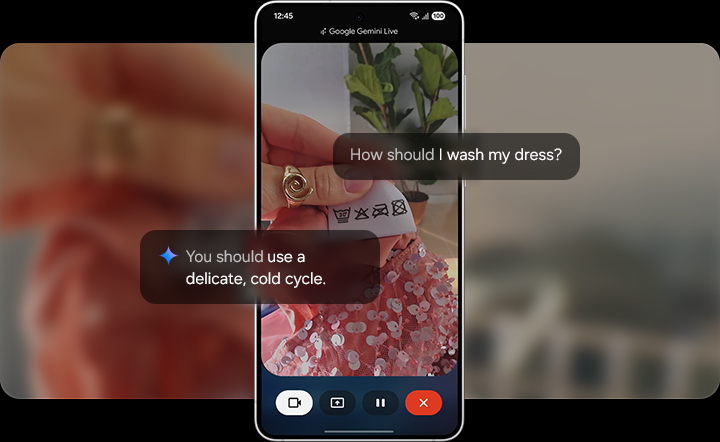 A user shows a laundry tag through the camera to Gemini Live and asks a question. Gemini Live analyzes the tag and the user can talk back and forth about the instructions using natural language.