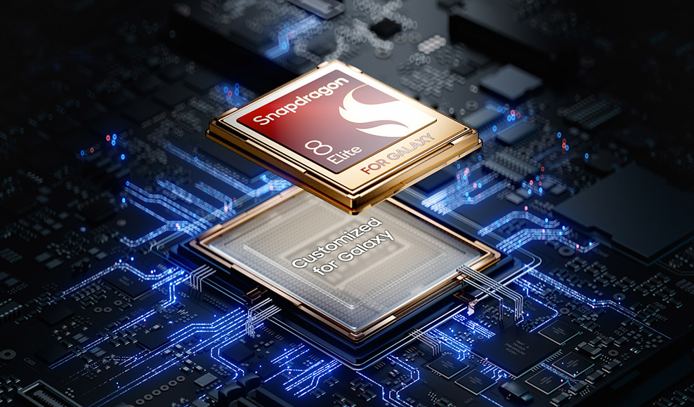 A red and gold Snapdragon 8 Elite for Galaxy chipset floats above a flat black chip that reads Customized for Galaxy.
