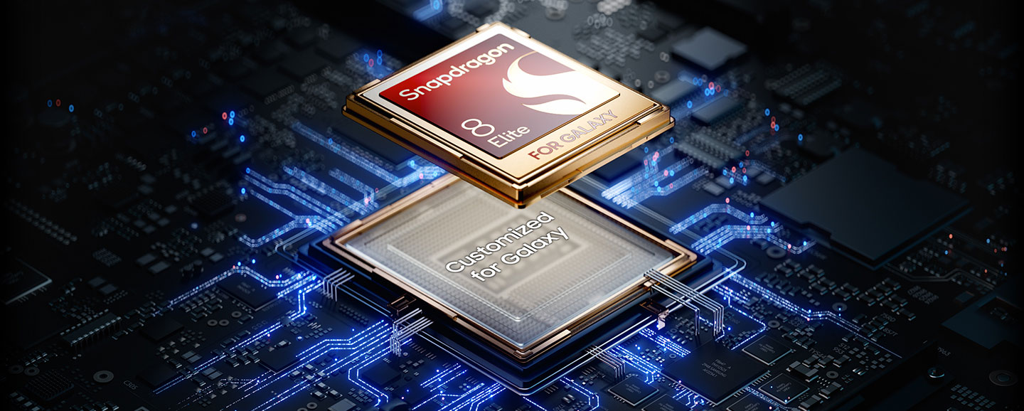 A red and gold Snapdragon 8 Elite for Galaxy chipset floats above a flat black chip that reads Customized for Galaxy.