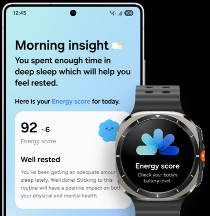 Galaxy S25 Ultra is seen from main screen. Now Brief is active. The Morning Insight shows today's Energy Score which has also been synced to Galaxy Watch.