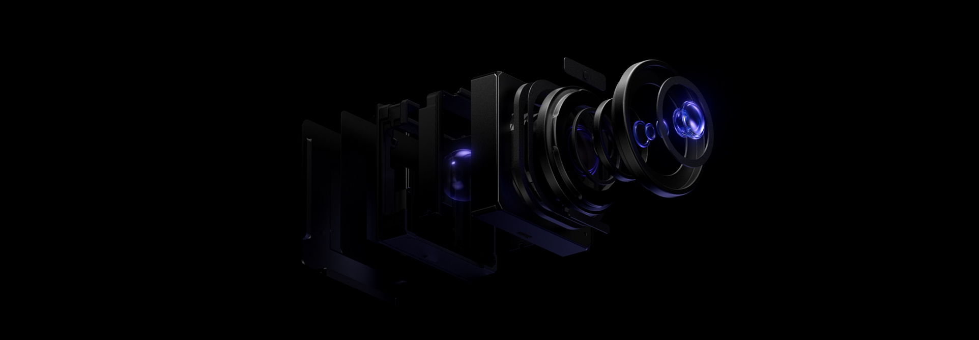 Exploded view of the Galaxy S26 Ultra's 200MP main camera lens assembly against a black background