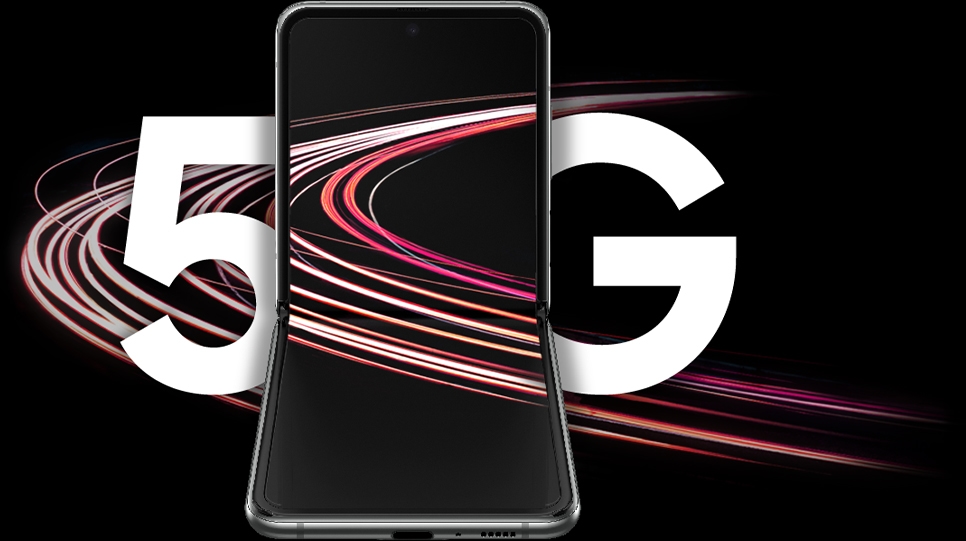 Galaxy Z Flip 5G unfolded seen from the front, leaning back. On either side of the phone it says 5G and onscreen and in the background are light trails demonstrating the HyperFast speed of 5G