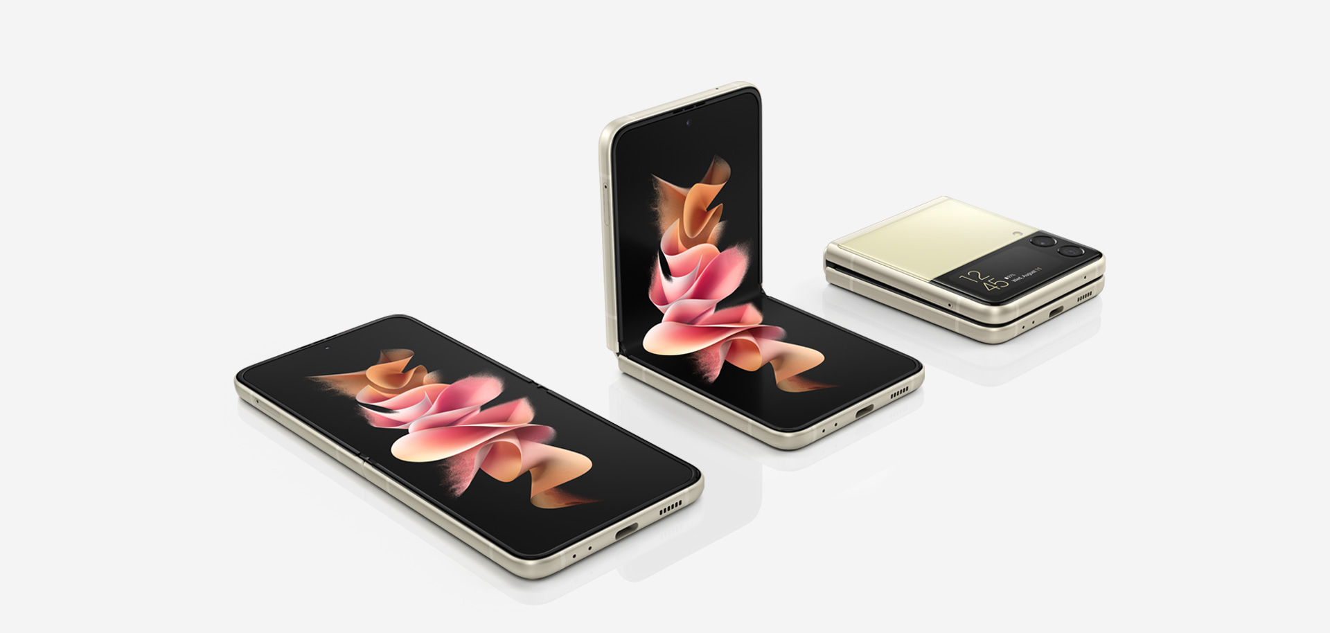 Four Galaxy Z Flip3 5G phones, stacked on top of each other. Two are folded and two are in Flex mode. Each is a Bespoke Edition phone, with exclusive colors and options including two-tone covers and black or silver hinge.