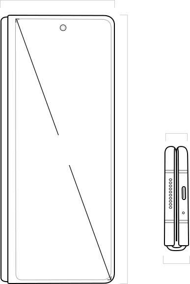 Ilustración del Galaxy S21 5G vista de frente y de lado. En el frente hay una línea diagonal que …