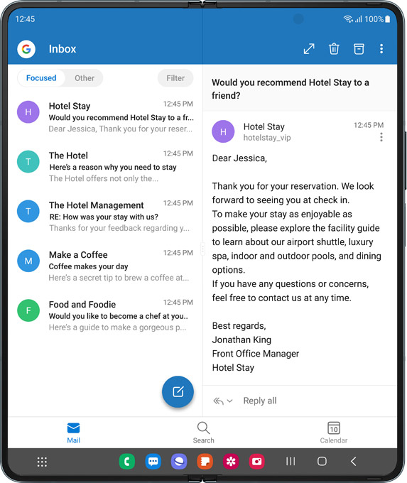 Galaxy Z Fold4 unfolded with Microsoft Outlook in Multi View on the Main Screen. Multi View …