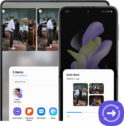 Galaxy Z Fold4 and Galaxy Z Flip4 are both unfolded and seen from their Main Screens. The Galaxy …