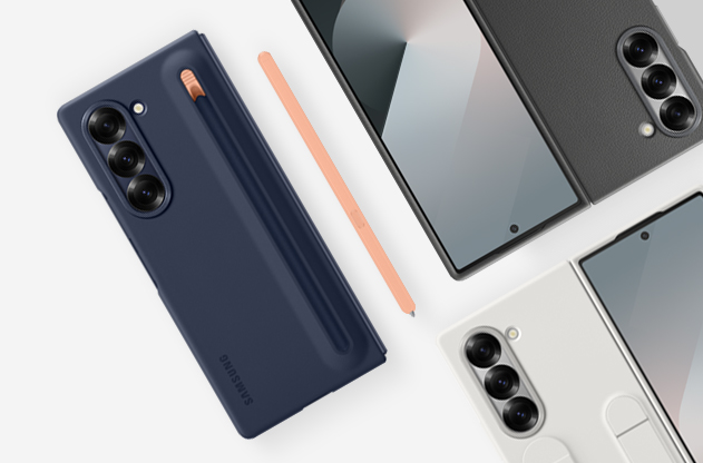 A flat lay of three Galaxy Z Fold6 devices with various cases installed.