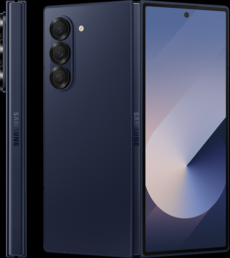 Two Galaxy Z Fold6 devices, one unfolded but only its side view shown, and the other unfolded with both its back sides showing, so that its Navy color is represented.