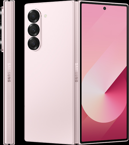 Two Galaxy Z Fold6 devices, one unfolded but only its side view shown, and the other unfolded with both its back sides showing, so that its Pink color shows.