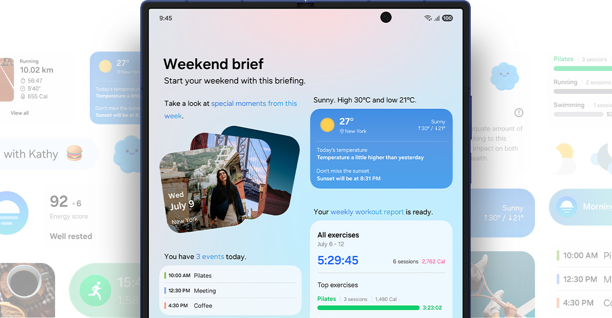 Galaxy Z Fold7 is seen unfolded from the main screen. Now Brief is active and the Weekend brief shows photo memories, upcoming scheduled events, the latest weather and other exercise insights. Further Now Brief insights flanking the device can be seen including Energy Score and running insights.