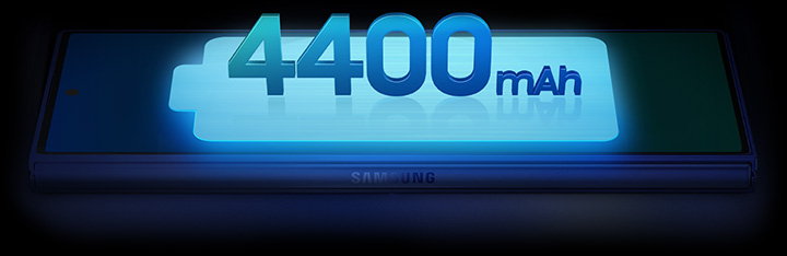 Galaxy Z Fold7 is seen folded from the cover screen with a battery icon on top. The battery size is 4400 milliampere hours.