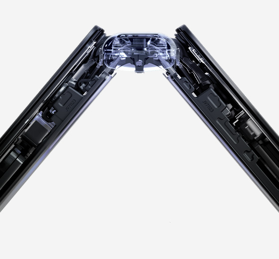 Close up of Galaxy Z Fold7 slightly folded from the side in an x-ray style to show what the mechanics of the Armor FlexHinge look like inside of the device.