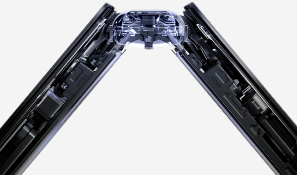 Close up of Galaxy Z Fold7 slightly folded from the side in an x-ray style to show what the mechanics of the Armor FlexHinge look like inside of the device.