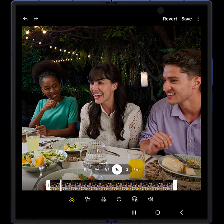 A video has been shot and is being edited on the large main screen of an unfolded Galaxy Z Fold7.