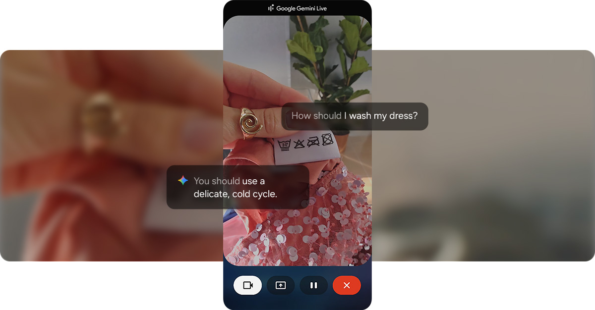 Google Gemini Live is active and the user is seeking laundry advice for their dress. Through the camera, the screen shows the care label, highlighting washing symbols.