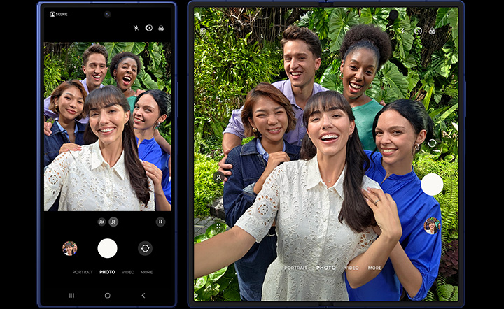 A group selfie is being taken on Galaxy Z Fold7. You can take group selfies on both the cover screen and main screen but the wider angle on the main screen gives you a better preview of your shot.