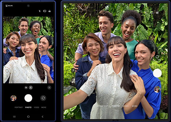 A group selfie is being taken on Galaxy Z Fold7. You can take group selfies on both the cover screen and main screen but the wider angle on the main screen gives you a better preview of your shot.