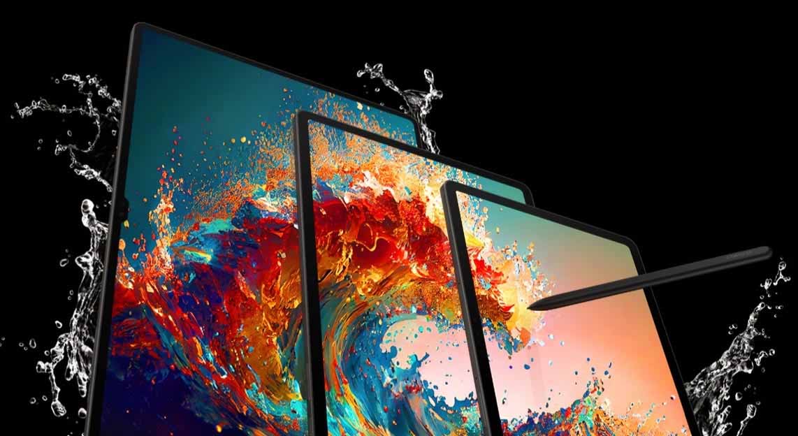 Galaxy Tab S9, S9+ and S9 Ultra are lined up next to each other in Portrait mode with a colorful wave wallpaper on all screens. Splashes of water are surrounding the three devices and an S Pen is pointed at the screen of Galaxy Tab S9.