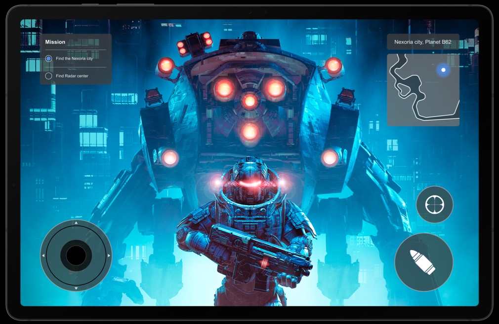 Galaxy Tab S9 series device in Landscape mode with a sci-fi action game onscreen.