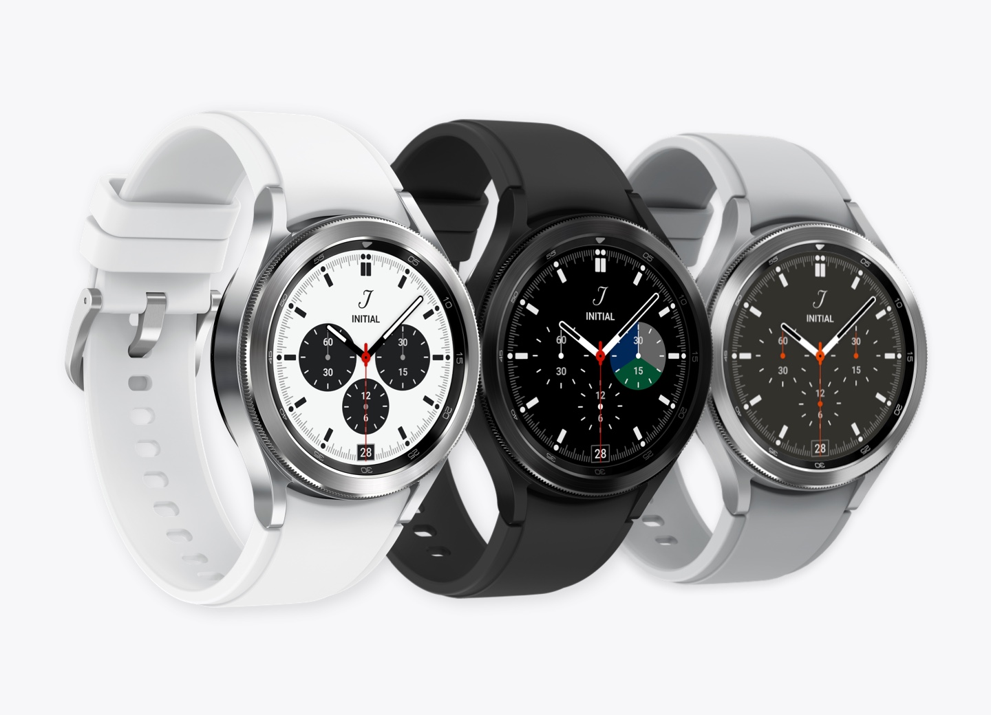 Five Galaxy Watch4 Classic devices are placed side-by-side to show different colored watch bodies and bands. The watch bodies vary in color from pink gold, silver, and black, and are mixed with different colored bands.