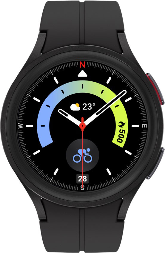 A black with blue to light green gradient watch face shows the time with a cycling icon.