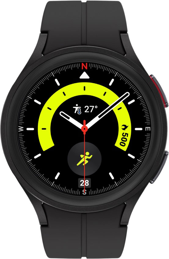 A black and light green watch face shows the time with a running icon.