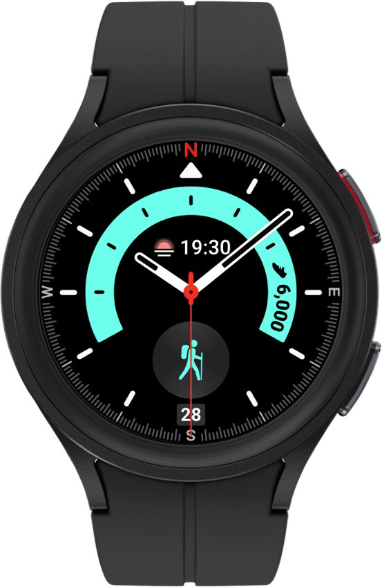 A black and light blue watch face shows the time with a hiking icon.