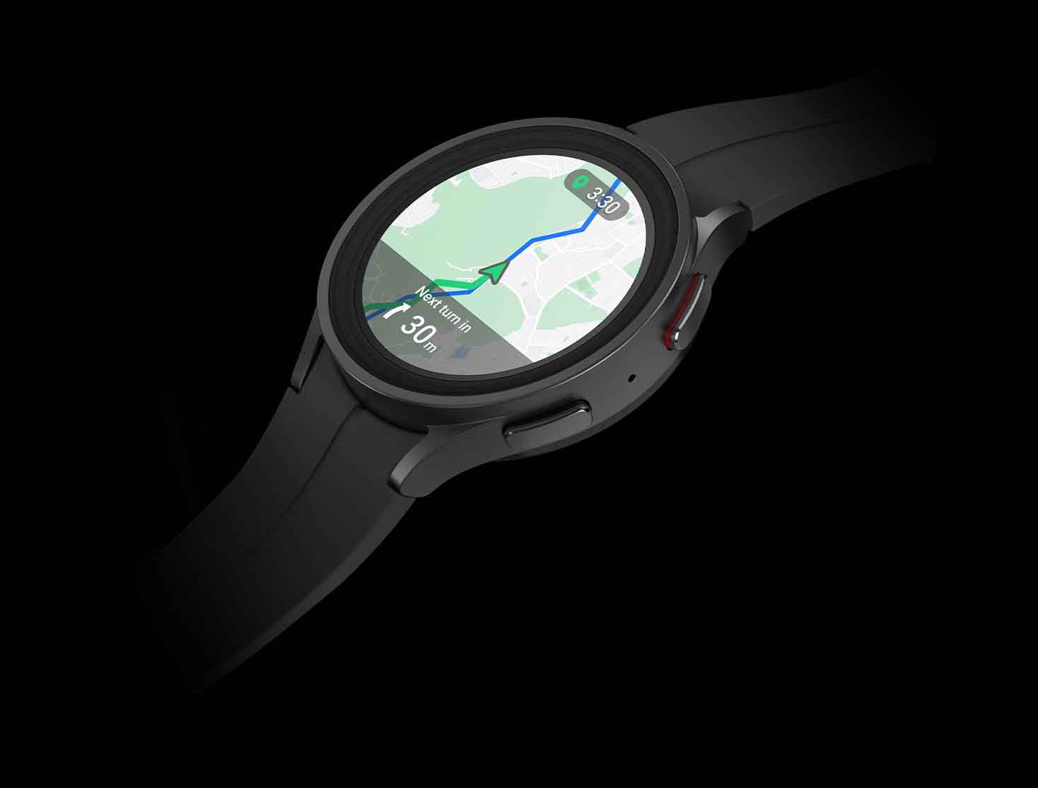 A Titanium Galaxy Watch5 Pro in black showing a map on the watch face featuring turn-by-turn …
