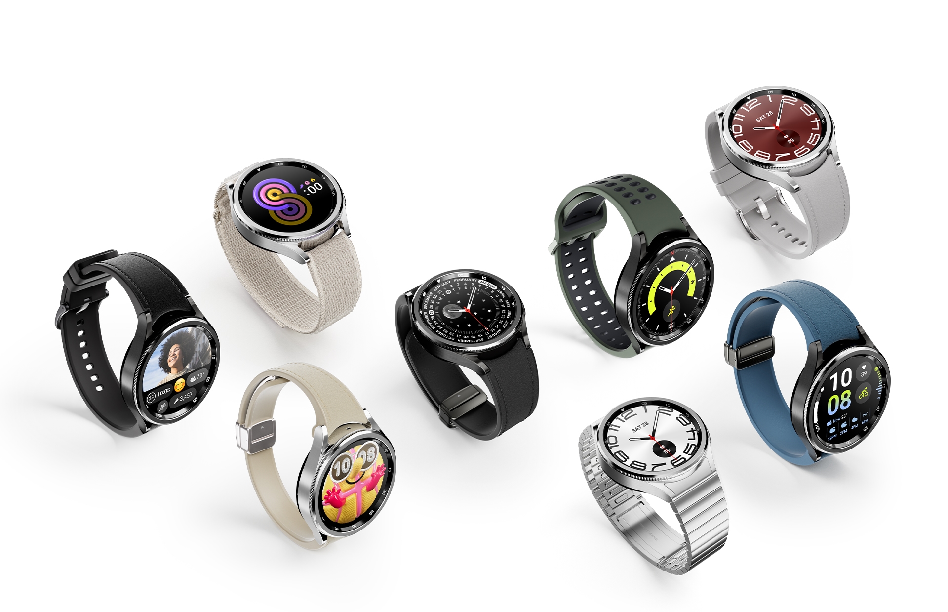 Multiple Galaxy Watch6 Classic with different watch bands can be seen. Each Watch is displaying different watch face.