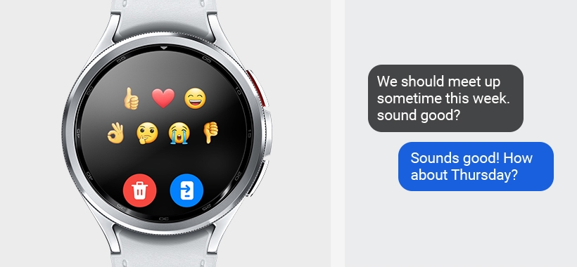 Galaxy Watch6 Classic can be seen, displaying the emoji list on the text screen. Two text messages can also be seen to indicate that text messages can be received and sent on Galaxy Watch6 Classic, without taking out your phone.