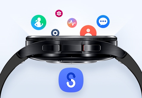 Side view of Galaxy Watch6 Classic facing upward can be seen, with different app icons dropping into the screen to indicate data transfer. Below the Watch is Smart Switch app icon.