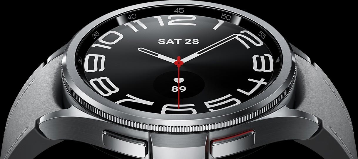 Galaxy Watch6 Classic with a classy-looking watch face can be seen.