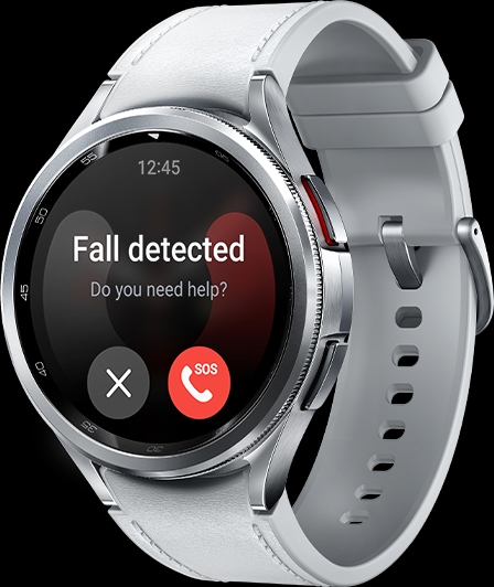 GUI screen of Galaxy Watch6 Classic's Emergency call feature can be seen. The Watch is displaying the Fall detection screen, with the text 'Do you need help?' and a SOS call button on the bottom right.