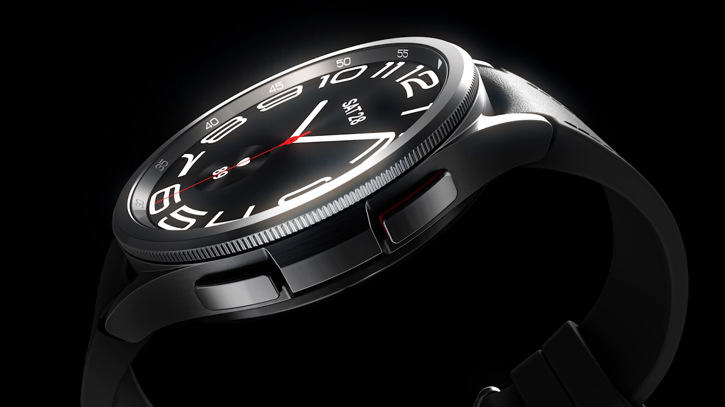 Galaxy Watch6 Classic can be seen rotating further to an upright position with a gleam of light going over the rotating bezel.
