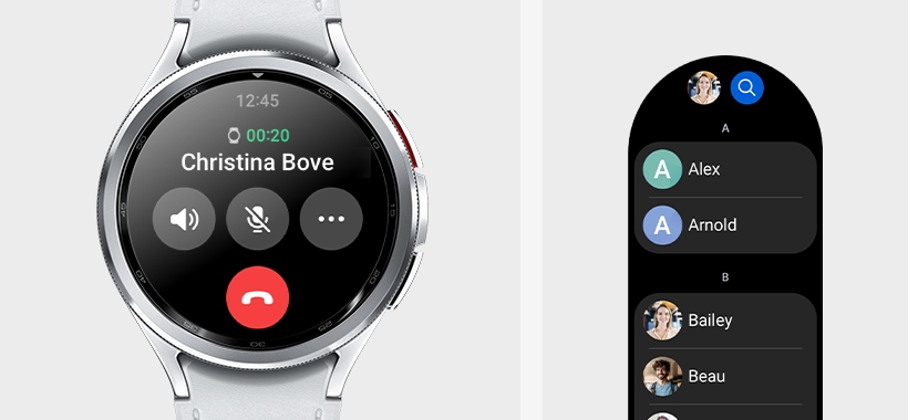 Galaxy Watch6 Classic can be seen, displaying the call screen. GUI of contact list screen can …