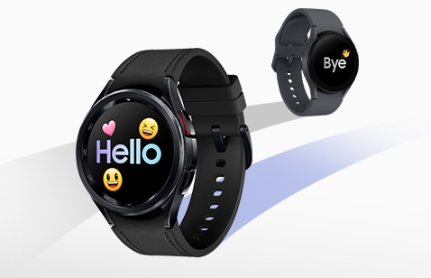 Two Galaxy Watch can be seen, illustrating the trade-in service. In the back is a previous model of Galaxy Watch, displaying the text 'Bye' with a hand emoji. In the front is Galaxy Watch6, displaying the text 'Hello' with smiley face and heart emojis.