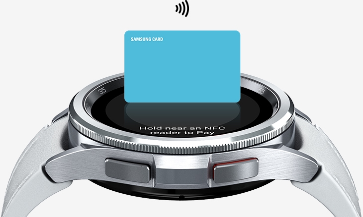 Galaxy Watch6 Classic can be seen, facing upward, with a credit card on top of the screen with an NFC icon to illustrate Samsung Wallet can now be used on the Watch.