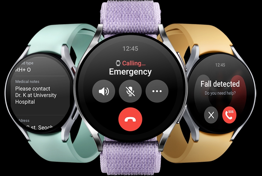 Three Galaxy Watch6 can be seen. The Watch on the left is displaying the Medical info screen. The …