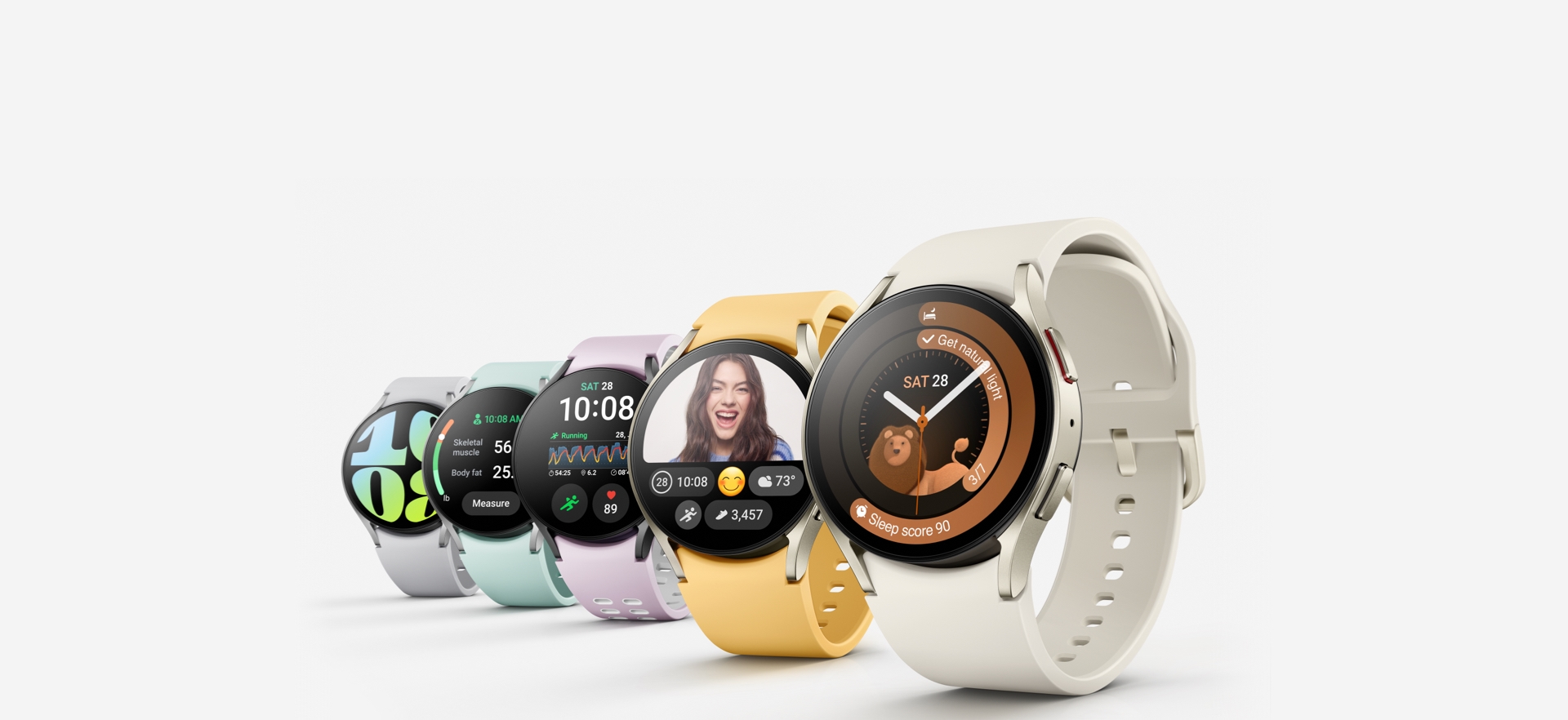 Five Galaxy Watch6 can be seen in a diagonal line. All five are showing different watch faces …