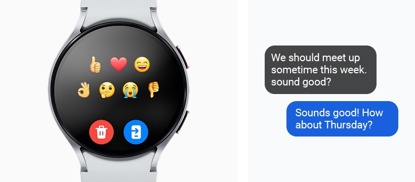 Galaxy Watch6 can be seen, displaying the emoji list on the text screen. Two text messages can …
